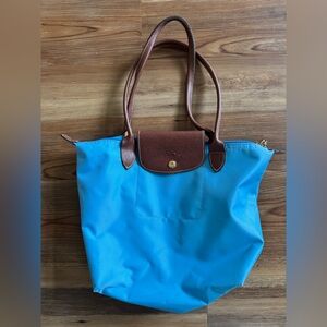 Longchamp Blue Tote Bag with Brown Accents
